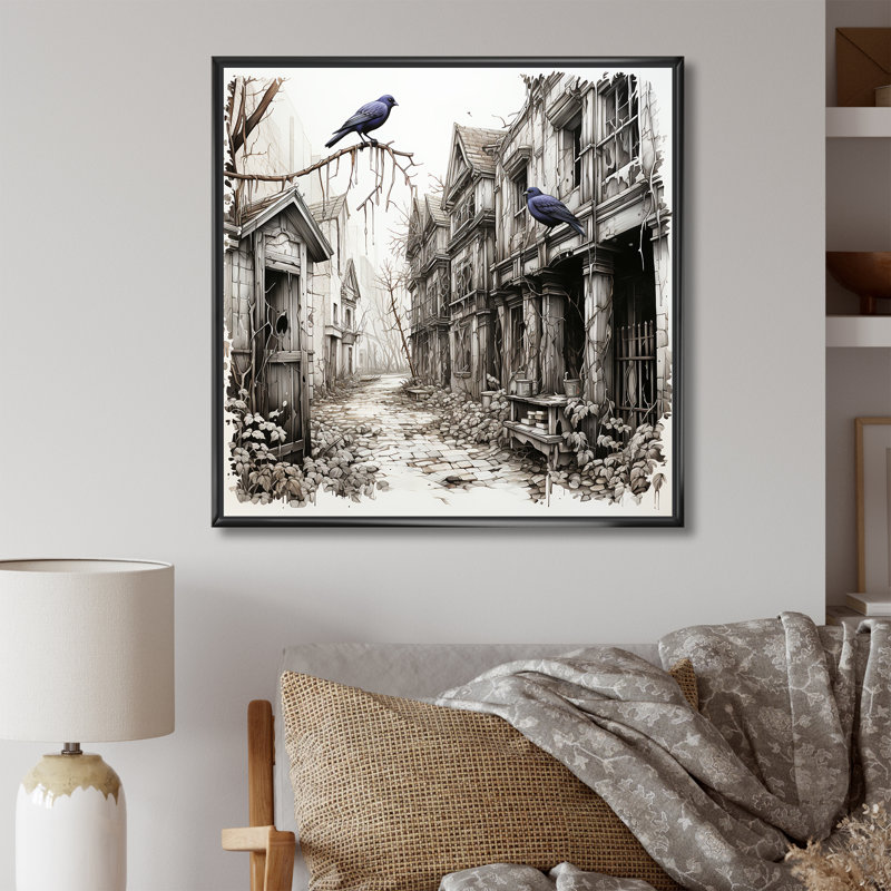 Victorian Haunted Raven Courtyard I - Art mural animal corbeau, Cadre flottant noir, H 36 po x l 36 po x P 1,5 po