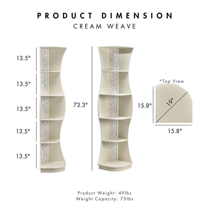 Bibliothèque d'angle à 5 niveaux avec lumières DEL Monasia, Crème, crème