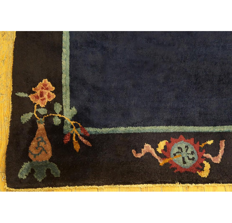 Tapis bleu antique en laine noué à la main des années 1930 et minimaliste 3 pi 0 po x 5 pi 4 po