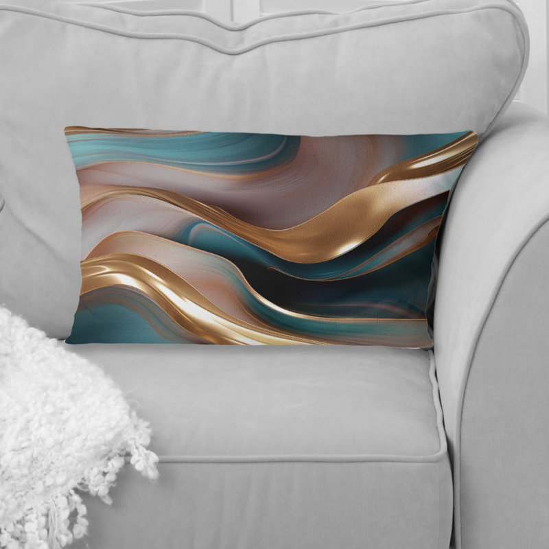 Tender Wave Harmony Liquid Gold And Turquoise - Abstract Shapes Printed Throw Pillow