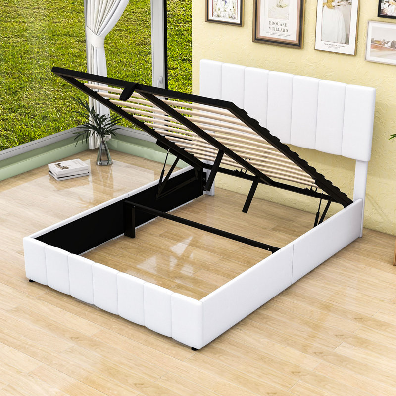 Lit plateforme tapissier avec rangement hydraulique Lyke, Double, Blanc