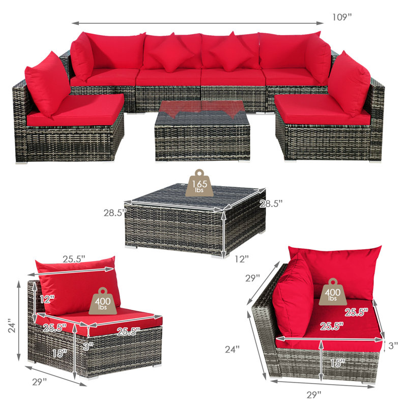 Ensemble de conversation modulaire en rotin 7 pièces avec coussins Amarjeet, Rouge