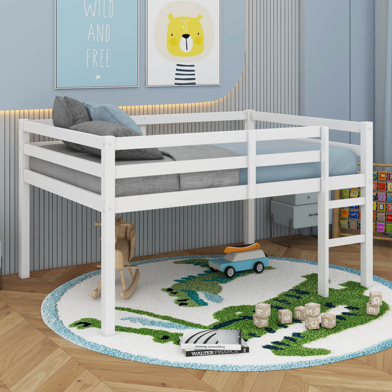 Lit mezzanine double en bois d'hévéa avec échelle, Blanc