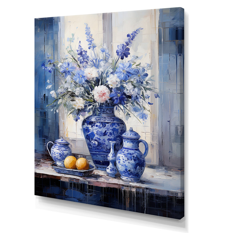 Boho bleu et blanc plante poterie IV - Boho, Toile tendue, H 40 po x l 30 po x P 1,5 po