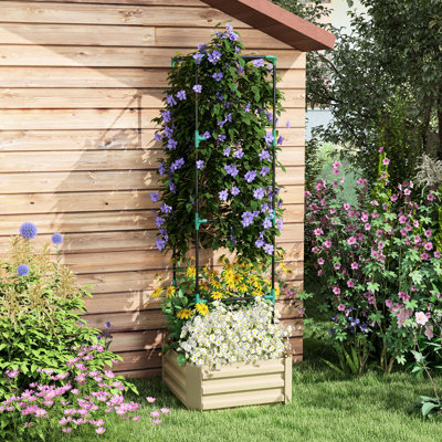 Lit de jardin surélevé galvanisé 24 po x 24 po x 12,04 po, boîte de plantation d'extérieur avec treillis, pour fleurs, légumes, fond de jardin crémeux, lit 24 po x 24 po x 12,04 po, jardinière, treillis, cage à tomates, ton