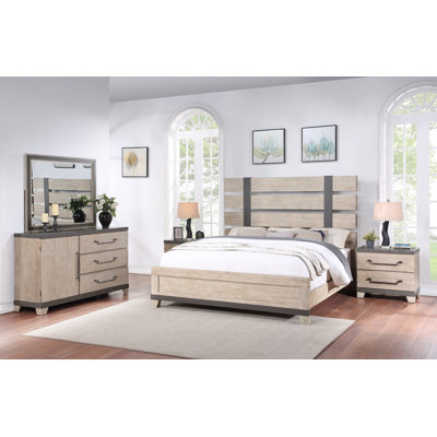 Arbela Wood Slatted Panel Bed With Dresser, Miror, Nightstand, And Chest, Queen, Weathered Oak Finish -  Millwood Pines, DB2BB410C49246BEBBC975F0F50D7B14