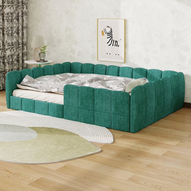 Lit de plancher tapissier en velours, lit plateforme à profil bas avec garde-corps pour garçons et filles, Pumpkin Green