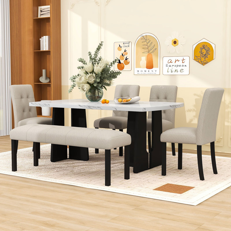 Ensemble de table de salle à manger 6 pièces avec table, banc rembourré et 4 chaises, Beige, Blanc