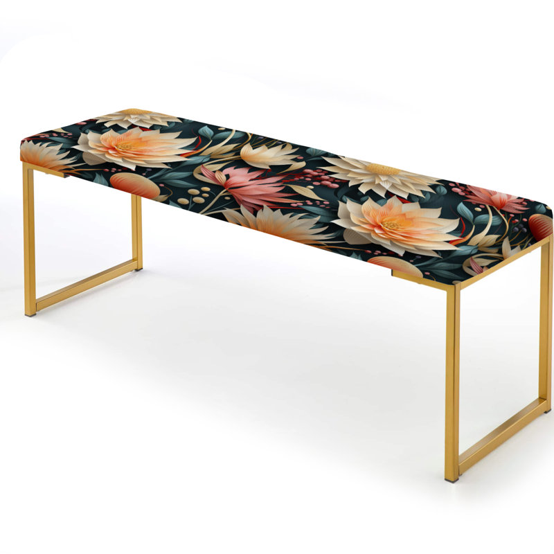 Upholstered Gold Bench, Coastal Dreams Floral Pattern