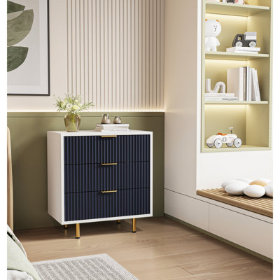 White And Navy Blue 3 Drawer Dresser, Fluted Panel, Spacious Drawers, Stable Structure, Bedroom Decor Modern Design, Deep Matte Finish, Wood Tone, Bedroom, Metal Legs, Simple Assembly