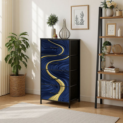 4 Drawer Vertical Storage Dresser luxury Blue marble gold abstract Indigo ocean blue marbling with Wood Top Fabric Pull Drawers
