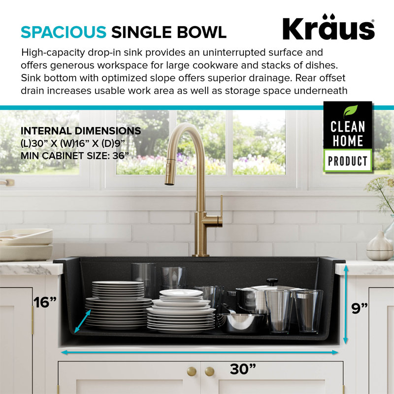 Évier de cuisine à simple cuve en granite avec accessoires KRAUS Bellucci Workstation 33 po, Noir métallique