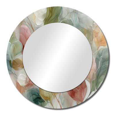 Soft Leaves in Hazy Watercolor II – White Boho Large Round Wall Mirror, Metal Print