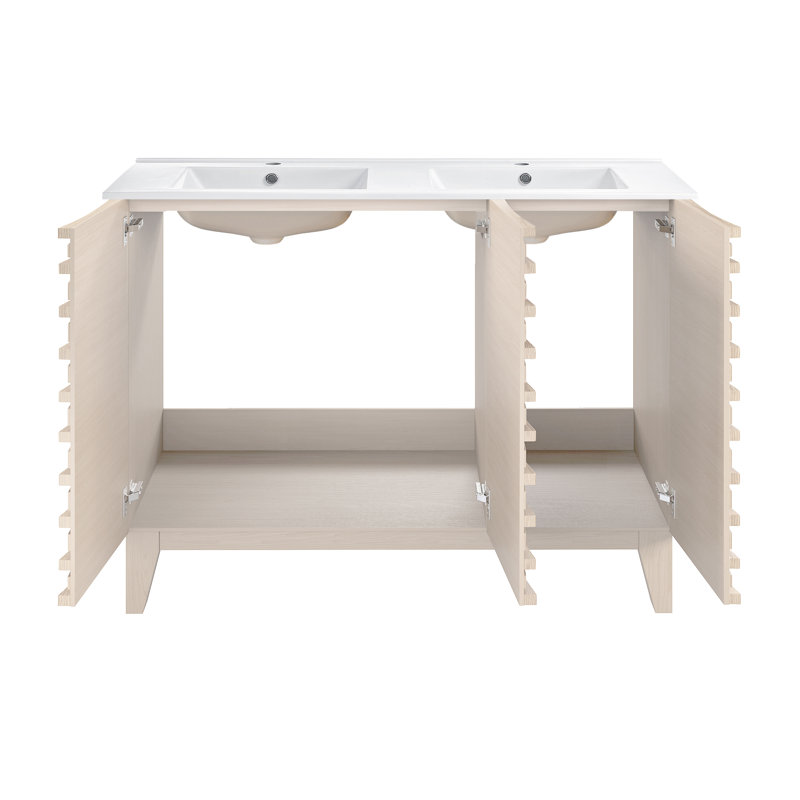 Cascade 48" Freestanding Bathroom Vanity In White Oak With Double Basin Sink Top, Single Hole
