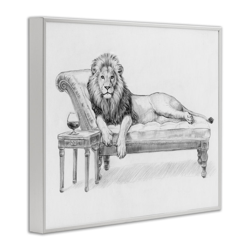 «Lounging Beast Lion», estampe numérique, design par Victoria Barnes, H 11 po x l 14 po, Giclée encadrée blanc bord de mer