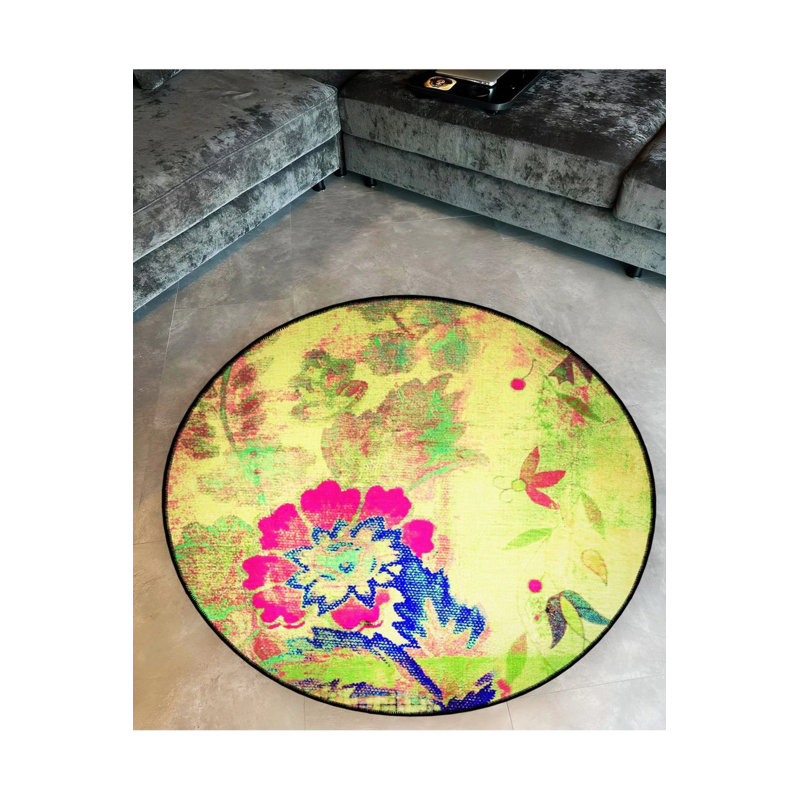 Green Multicolored Floral Detailed Woven Base Modern Decorative Carpet, Round 3'4"