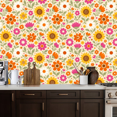 Papier peint auto-adhésif coloré rétro des années 70 de style rétro pour cartes textiles en tissu Papier peint amovible autocollant mural pour armoires de cuisine de chambre à coucher 24 po x 118 po