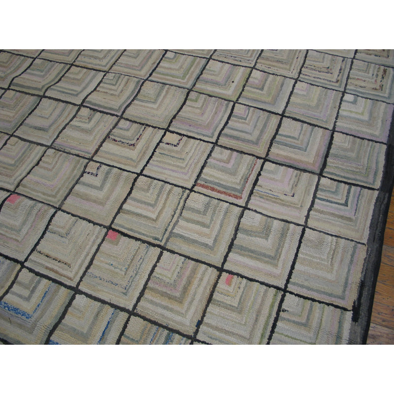 Light Ivory Color Antique American Folk Art Geometric Log Cabin Pattern Hooked Rug
