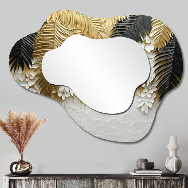Golden Palms Midnight Collage I - Floral Asymmetrical Decorative Mirror, Traditional irregular Wall Mirror, Printed on Metal