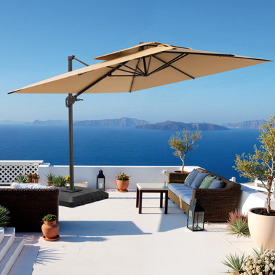 Parasol double déporté de 3,35 m x 2,74 m, base incluse