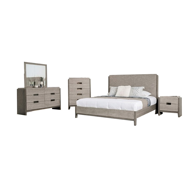 Ensemble de chambre avec grand lit 5 pièces Rizvi, table de chevet et commode, bois massif gris