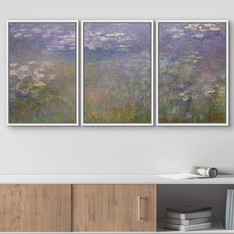 Célèbre œuvre d'art «Nymphéas» par Claude Monet, H 36 po x l 72 po, Cadre flottant blanc