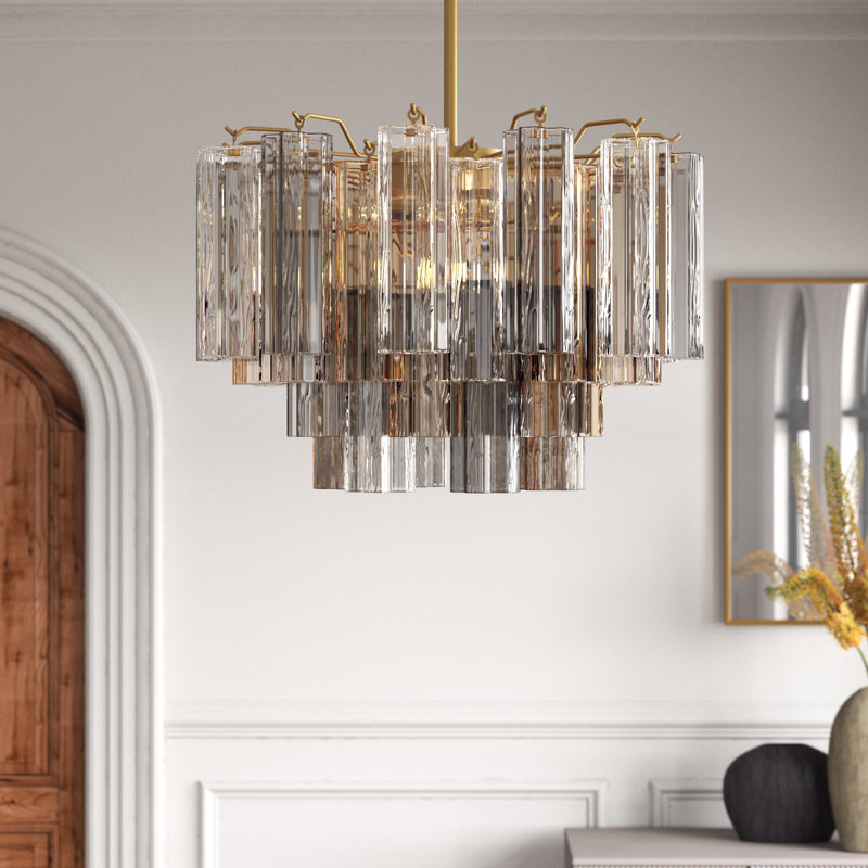 Arras Dimmable Tiered Chandelier, Aged Brass, Gray/Yellow, 14.25" H x 22" W x 22" D
