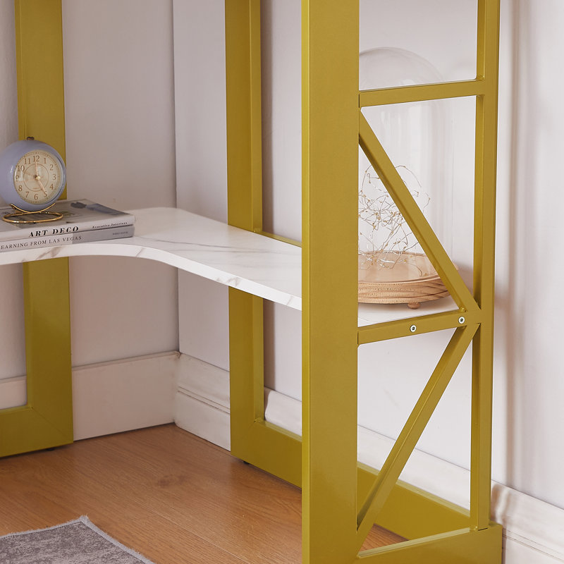 Bureau en coin Lambrecht avec tablettes de rangement, bureau d'ordinateur triangulaire avec plateau à clavier et étagères pour petits espaces, bureau d'écriture compact à 90 degrés pour bureau d'ordinateur personnel, salon, chambre à coucher