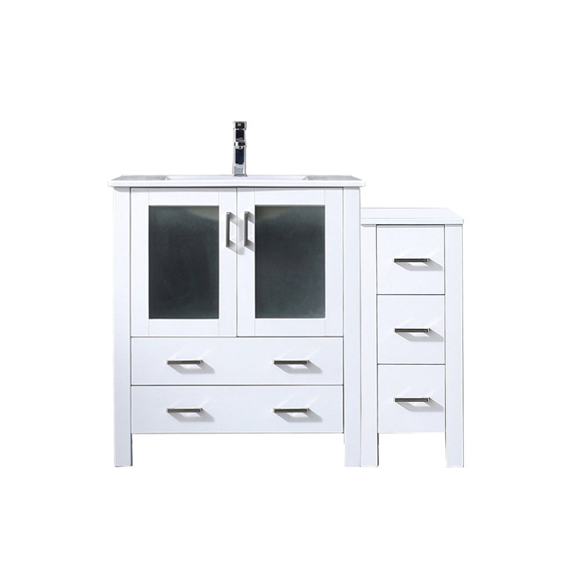 Meuble-lavabo de 42 po de largeur avec armoire latérale, comptoir en céramique blanche et robinet, fermeture en douceur, surface rayée et teintée, rangement simple 42 po x 18,25 po, résistance aux rayures de comptoir, espace