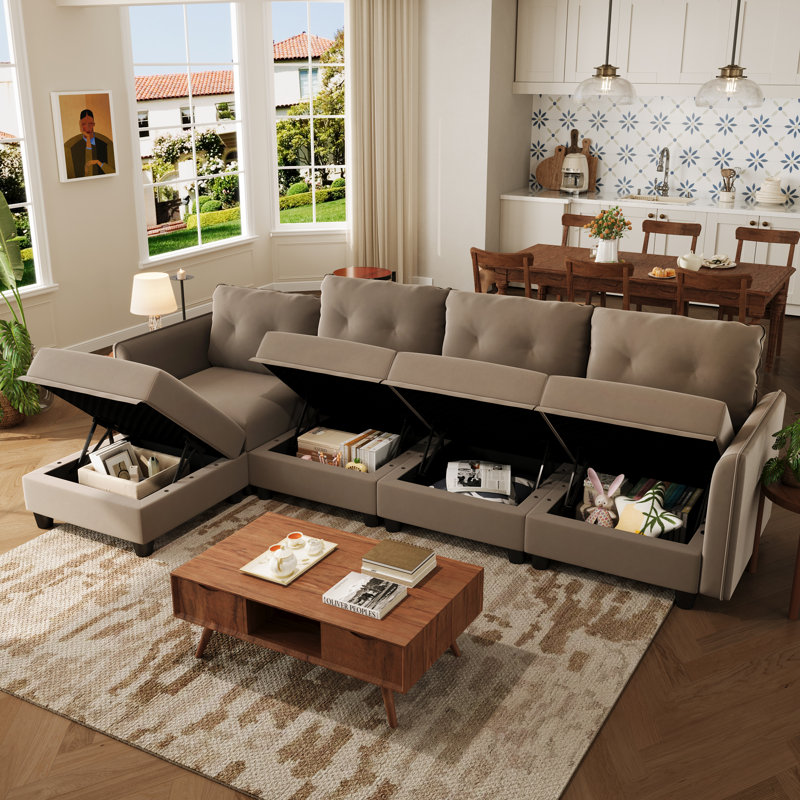 Tomario 5- Piece Upholstered L-Shaped Modular Sectional With Storage, Brown Polyester