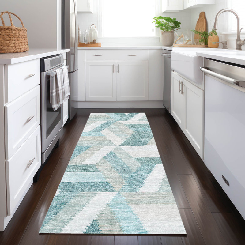 Tapis sarcelle intérieur / extérieur lavable à la machine Claudian ACN1241, Tapis de couloir 2 pi 3 po x 7 pi 6 po