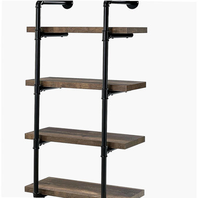 Black and rustic oak 4-layer wall shelf