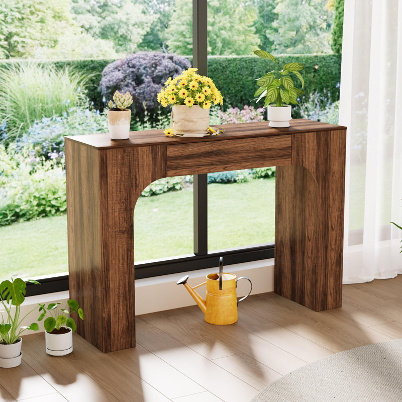 Console de 119 cm de long avec tiroir, table d'entrée étroite, noyer