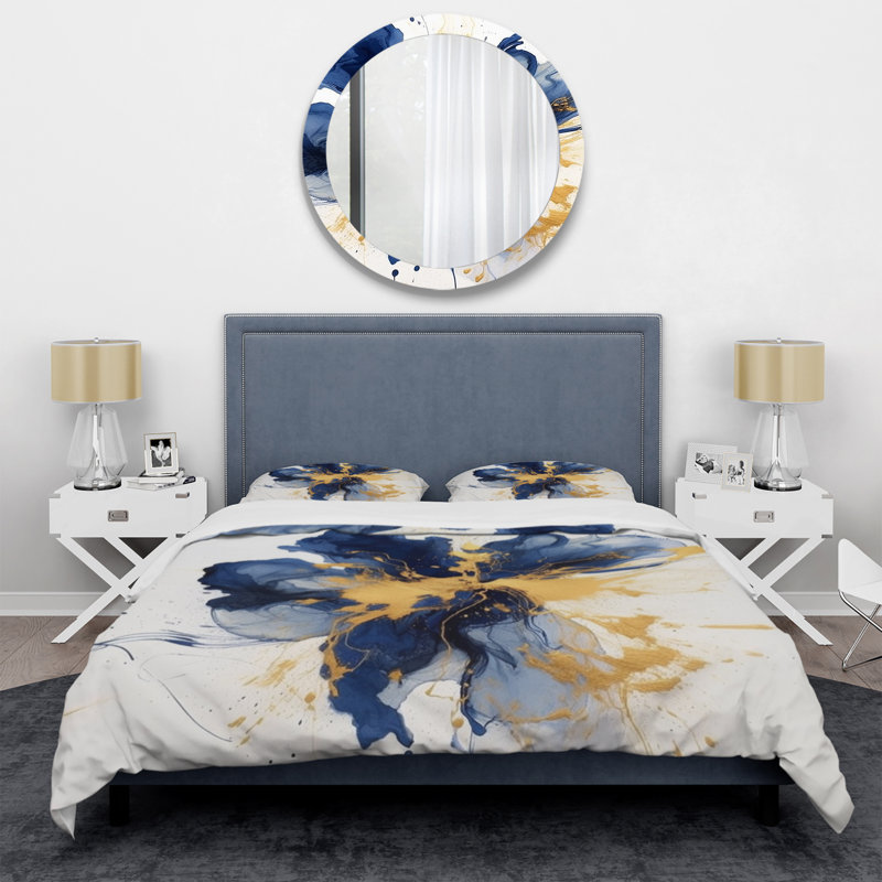 Ensemble de housse de couette en microfibre / polyester bleu foncé et doré, Housse de couette pour très grand lit et 2 très
