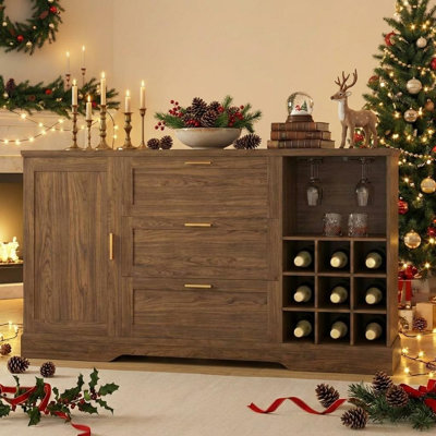 63 Inch Farmhouse Sideboard Buffet with Drawer Adjustable Shelves,Kitchen Island with Door-Back Rack for Snacks,Coffee Bar Buffet with Wine Racks Stor