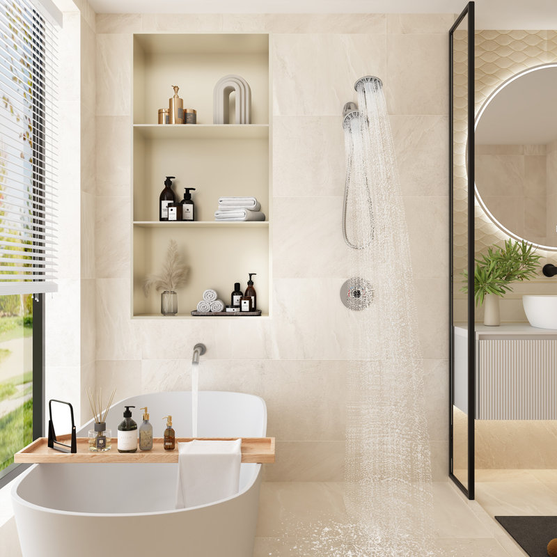 3-Function Dual Shower Head and Handheld Shower with Bathtub Spout and Rough in-valve, Brushed Nickel