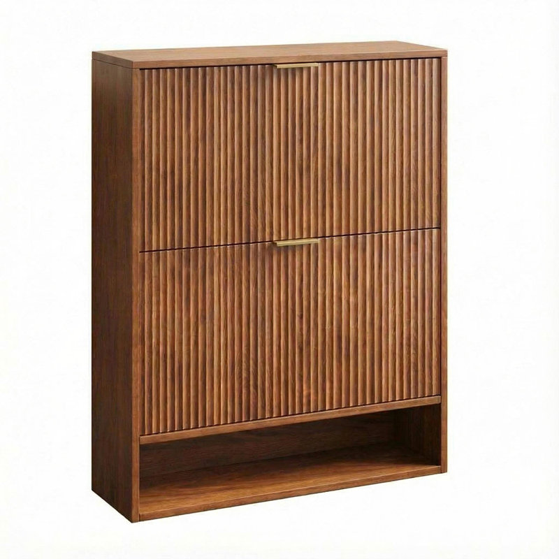 Fluted Shoe Cabinet for Entryway, Narrow Freestanding Shoe Storage with 2 Flip Drawers, Bottom Open Shelf and Side Hooks for Foyer or Hallway