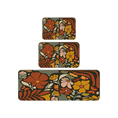 Boho Floral Print 3 Pcs Kitchen Mat Set For Bathroom, Earthy Tone