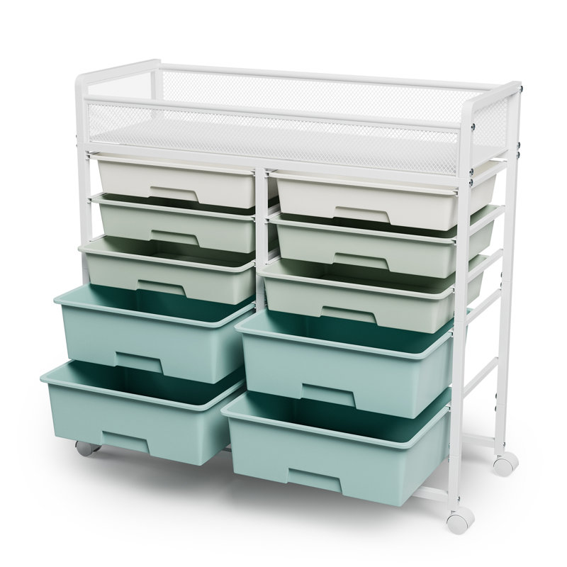 Chariot de rangement roulant à 5 tiroirs avec panier supérieur en filet, chariot de rangement mobile sur roulettes verrouillables, chariot de rangement compact pour la cuisine, la salle de bain, le bureau et la salle de jeux