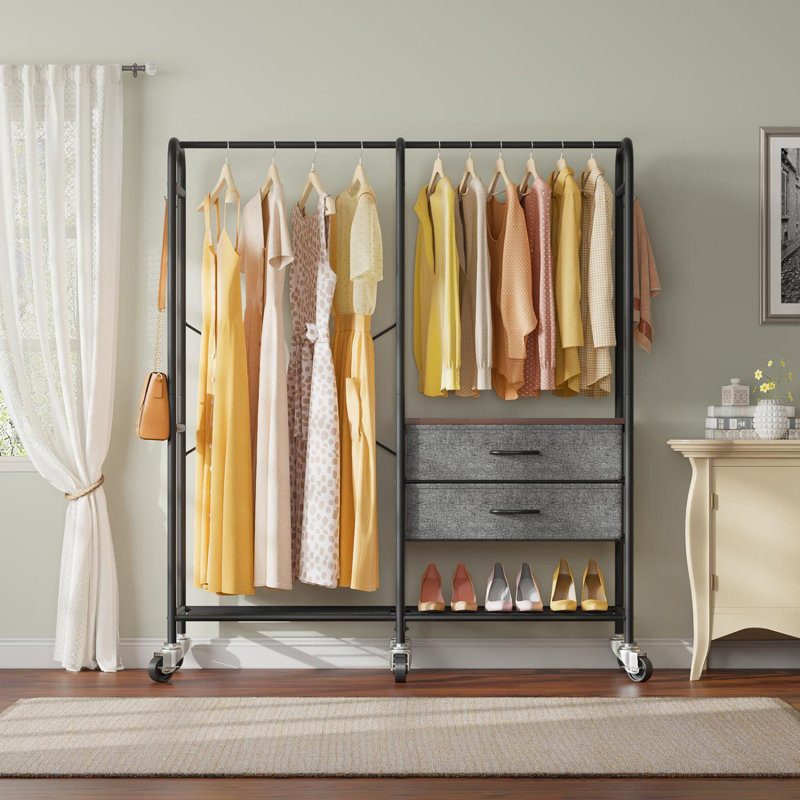 Black Metal Freestanding Clothes Rack with Fabric Drawers