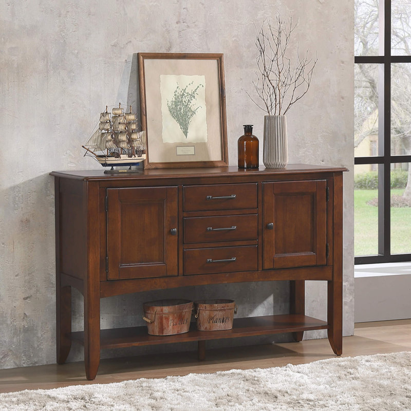 Buffet avec grande tablette Zechari | 3 tiroirs 2 armoires de rangement | Blanc antique et brun châtaignier