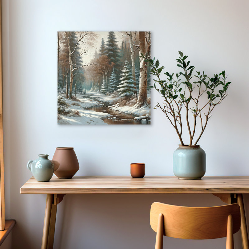 «Whispering Pines: Serene Snow-Covered River» sur toile, H 20 po x l 20 po x P 1,5 po