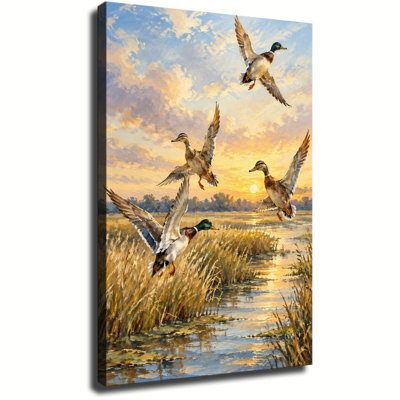 Canards colverts volant dans les marais, aquarelle sur toile murale