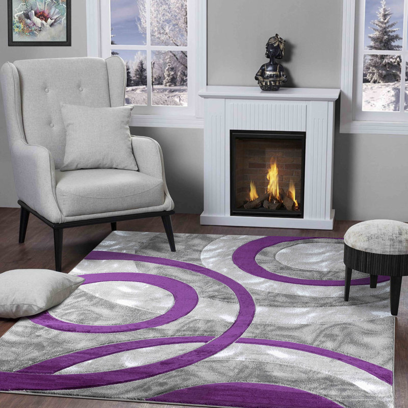 George Oliver Modern 4x6 Purple Circle Area Rug, Soft Hand-Carved Carpet for Indoor Living