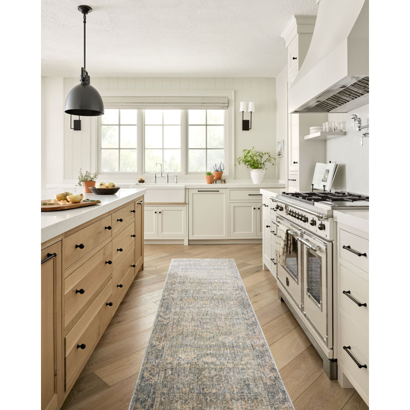 Sky and Beige Distressed Polyester Runner Rug with Fringe