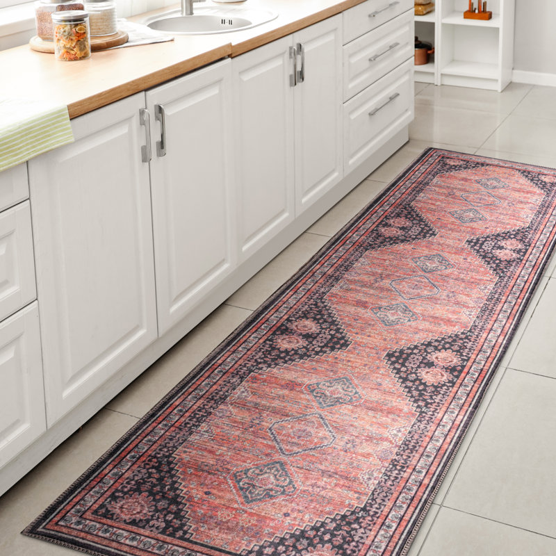Lesandra Geometric Medallions Machine-Washable Terracotta/Navy Rug, Runner 2' x 10'