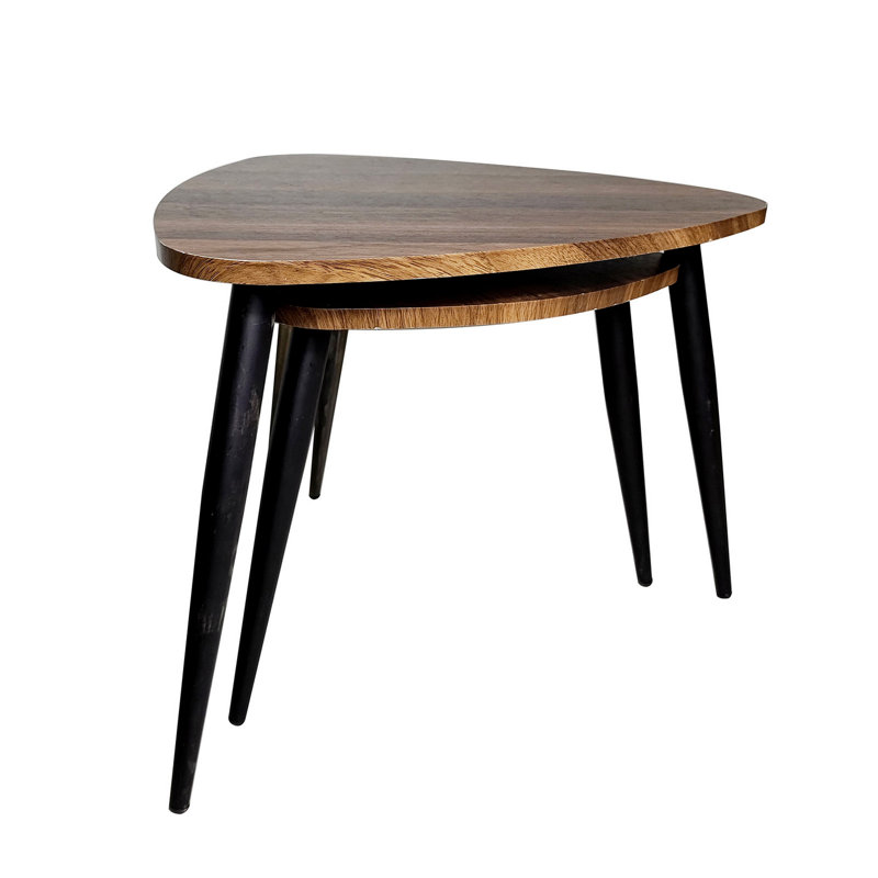 Ensemble de 2 tables gigognes Clovia, bois massif brun triangulaire, métal noir
