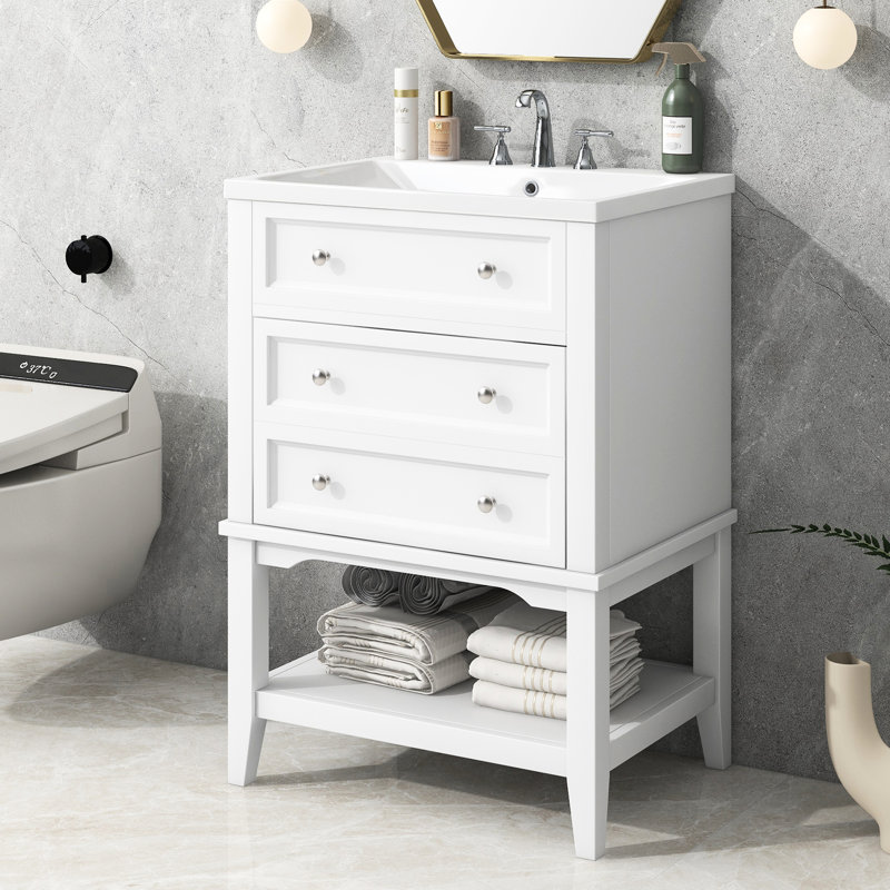 Meuble-lavabo 24 po avec lavabo, structure en bois massif, meuble-lavabo moderne avec tiroir et tablette ouverte blanc