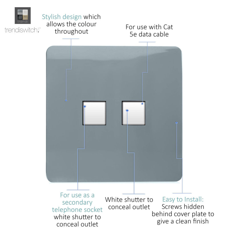 Trendi Switch 2 Gang RJ45 Cat 5e PC Ethernet & Telephone Sockets, Cool Grey