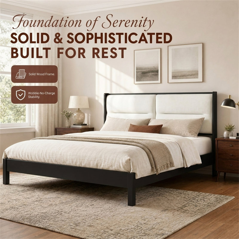 Très grand lit plateforme, cadre de lit (aucune boîte à ressorts requise), avec tête de lit tapissier en velours crème, cadre noir, style Mid-Century moderne